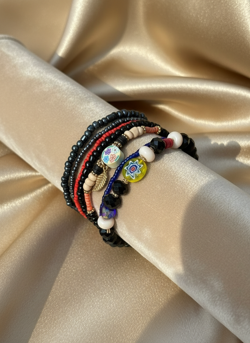 Black floral bracelet stack