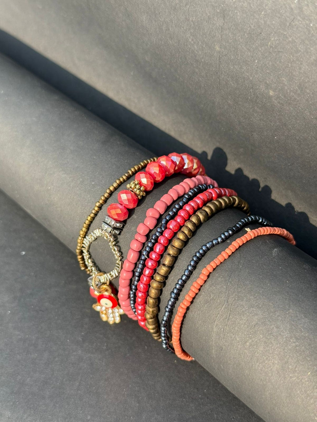 Beaded bracelet stack- Red
