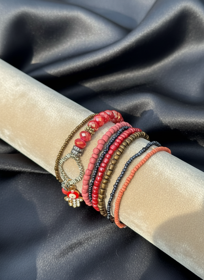 Beaded bracelet stack- Red