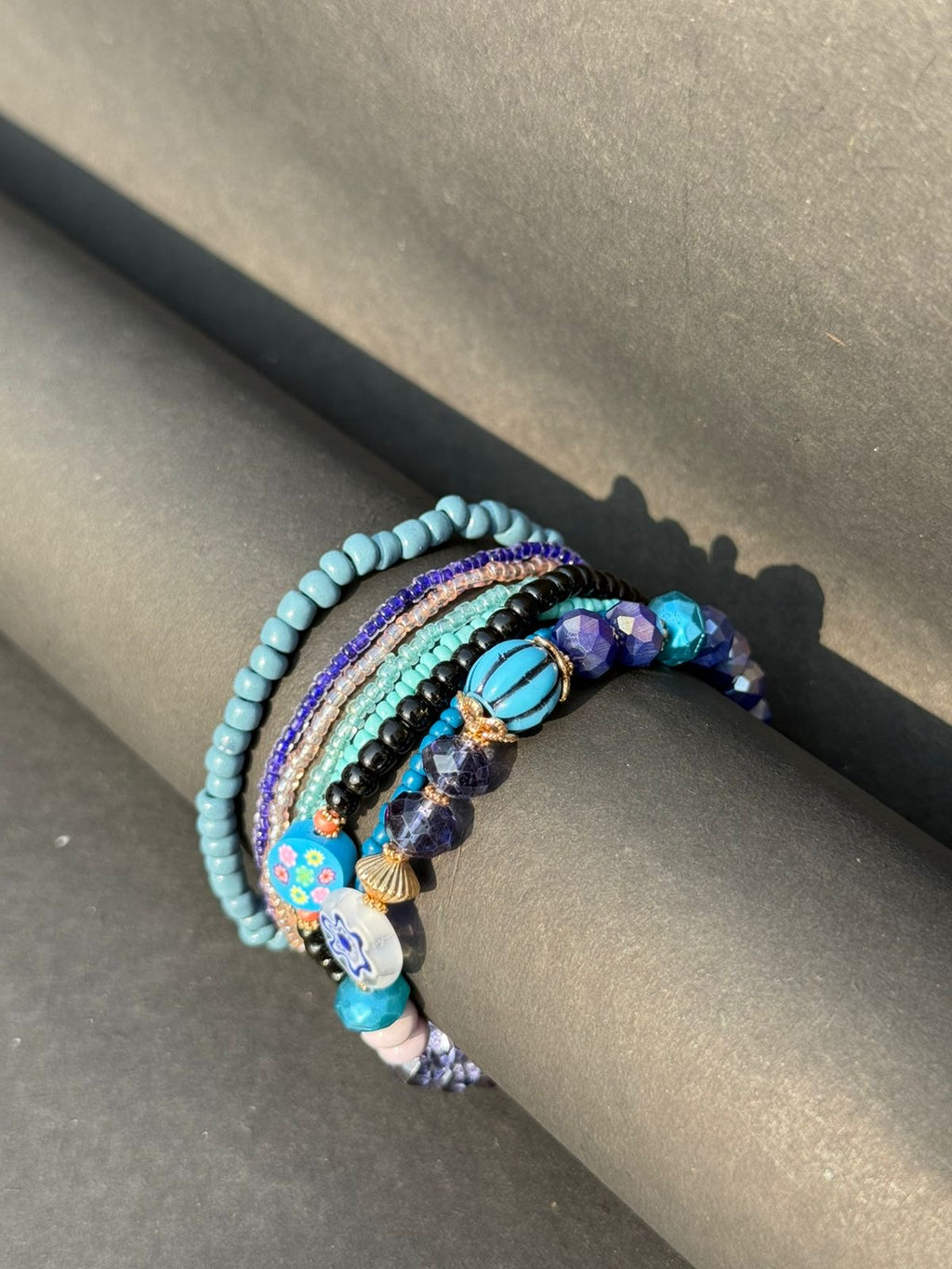 Ocean blue beaded bracelet stack
