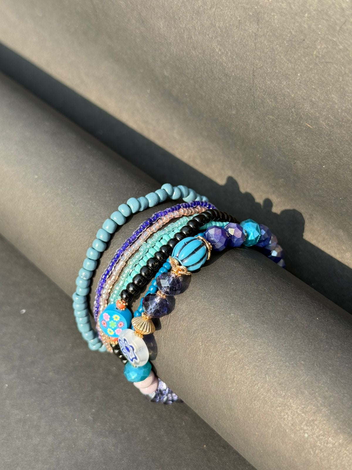 Ocean blue beaded bracelet stack