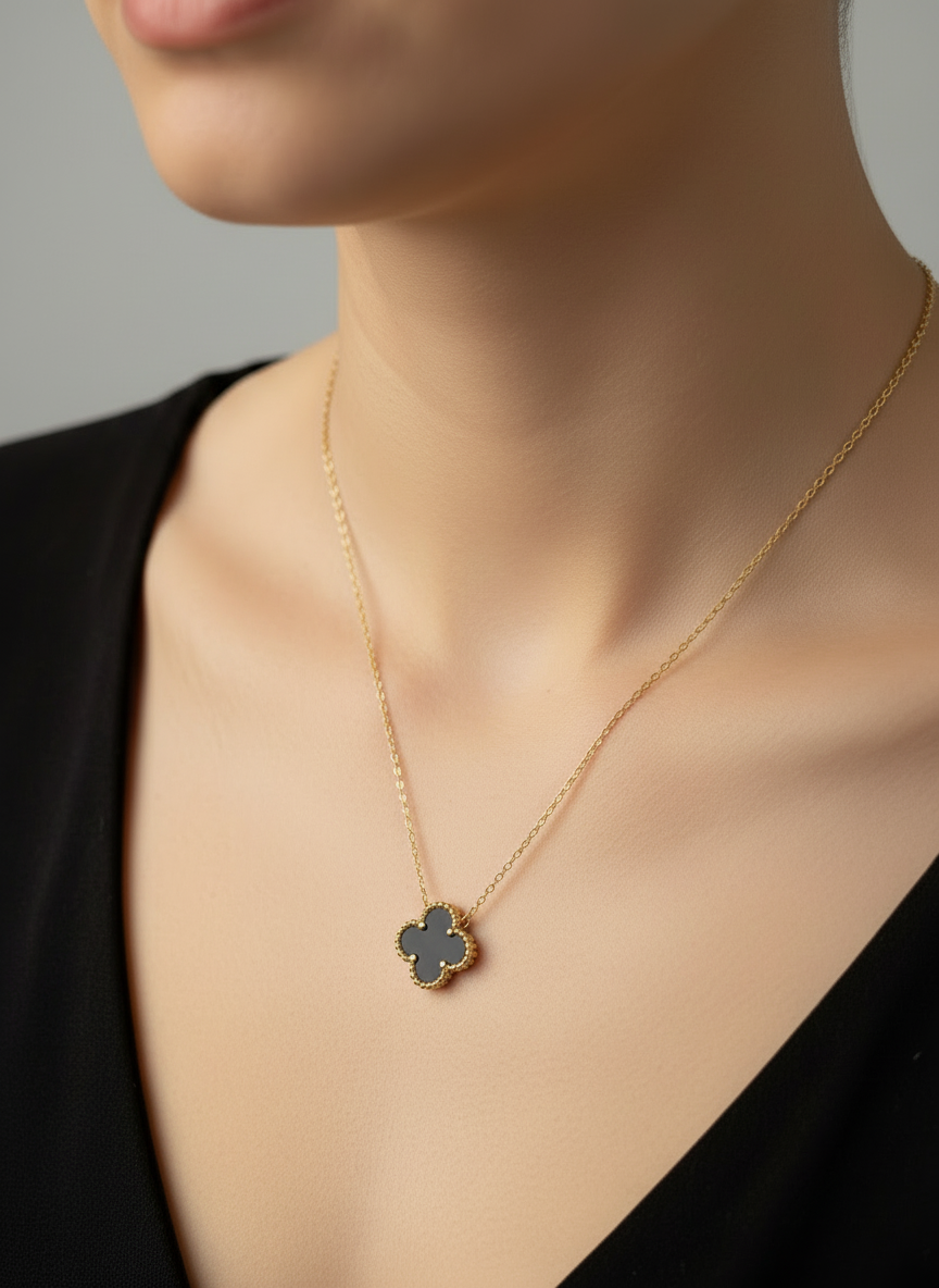 Mother of pearl clover pendant necklace- white n black