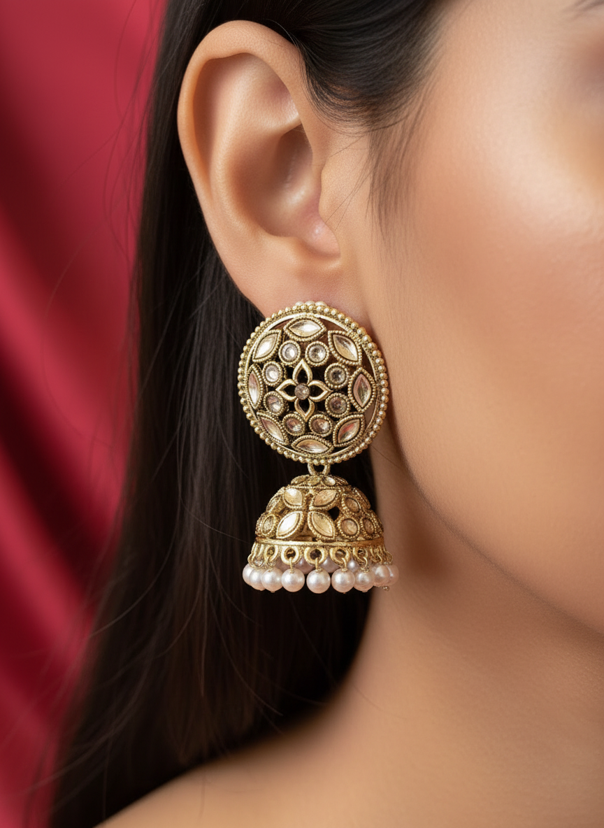 Antique gold kundan jhumka earrings