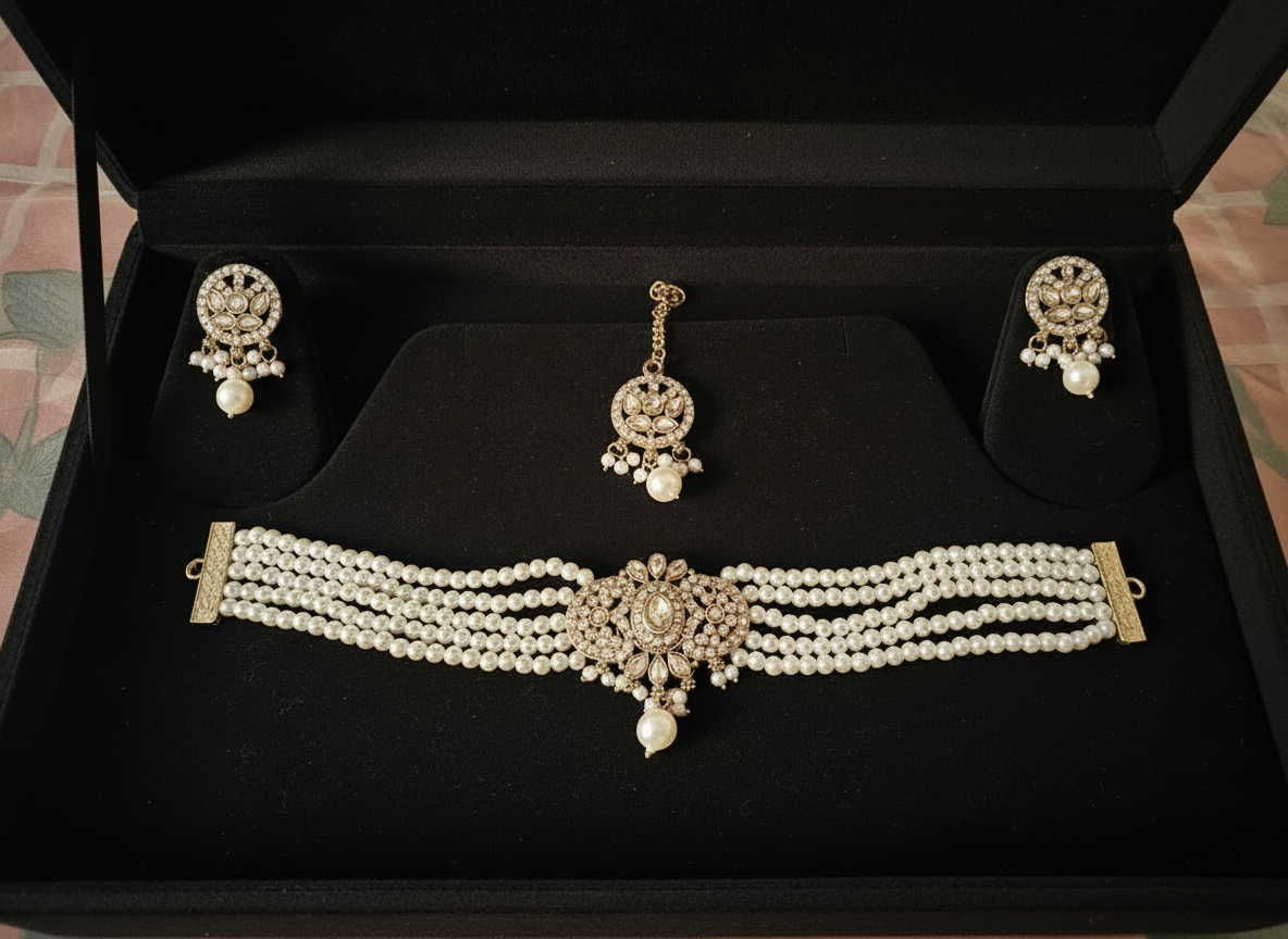 White pearl choker set