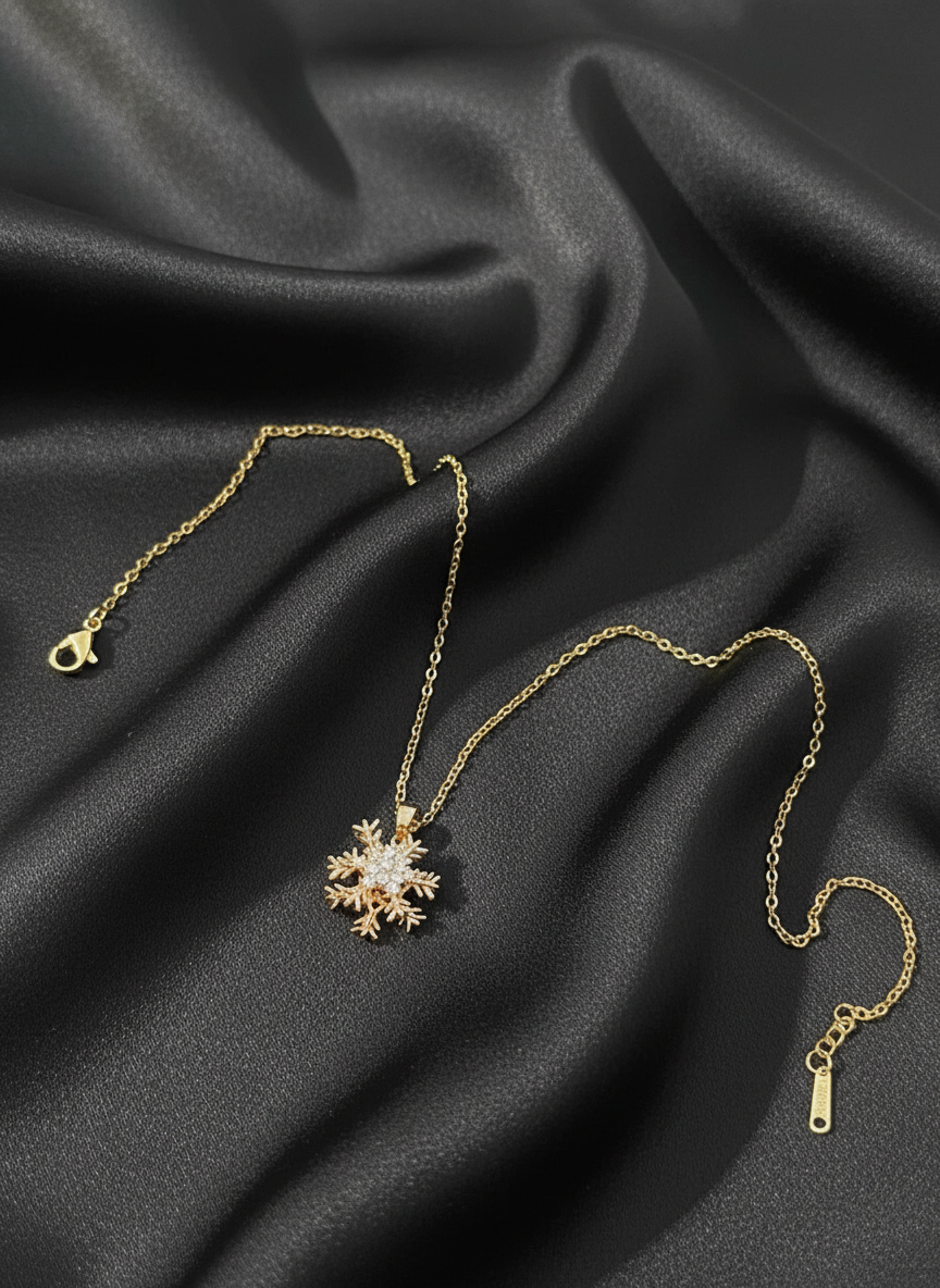 Golden snowflake crystal pendant necklace- With rotating top