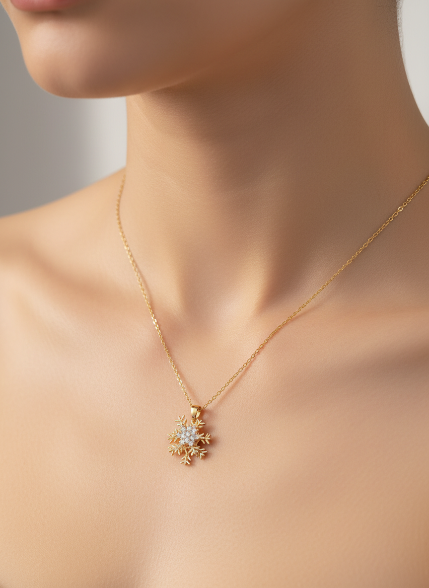 Golden snowflake crystal pendant necklace- With rotating top