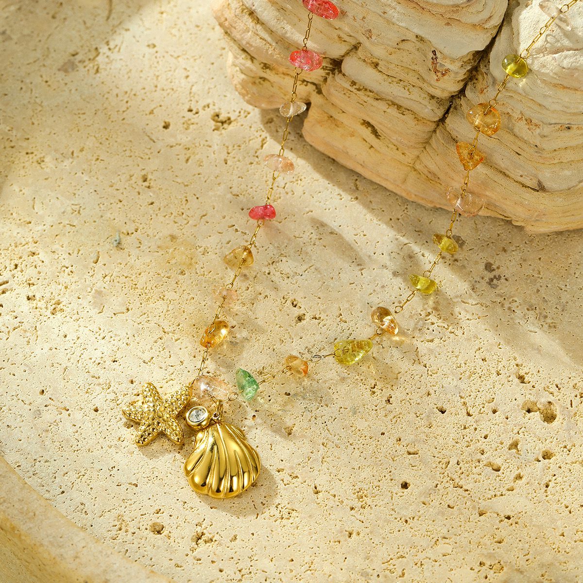 Beach charm necklace- seashell and starfish with gems