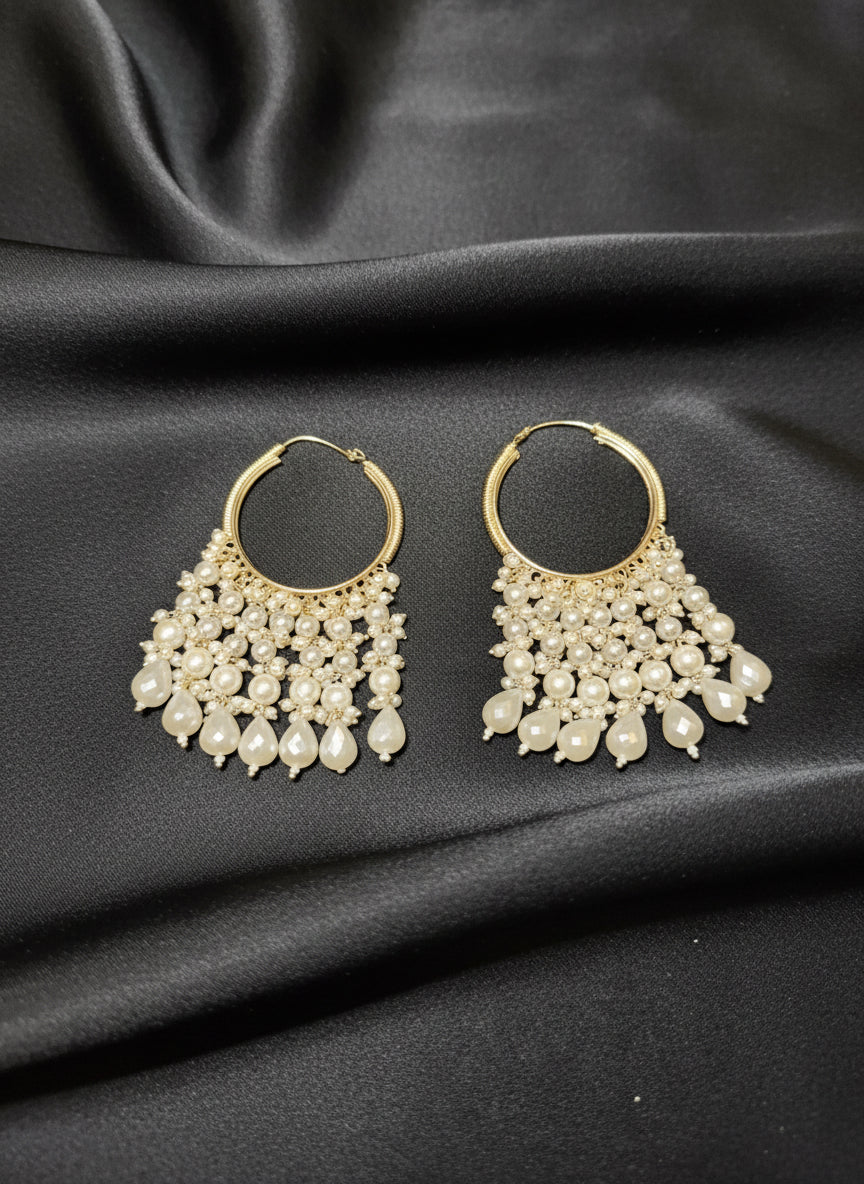 Pearls drop hoop earrings-Gold