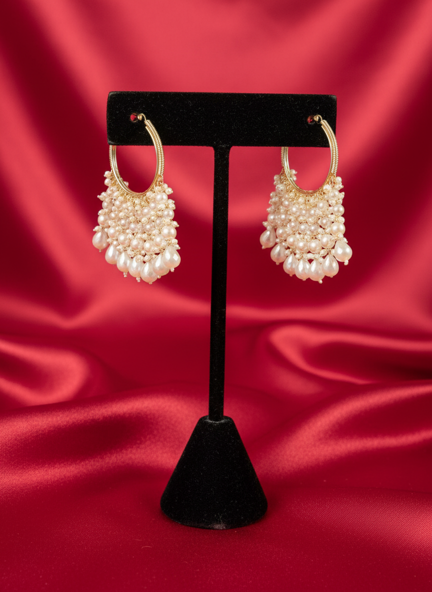 Pearls drop hoop earrings-Gold