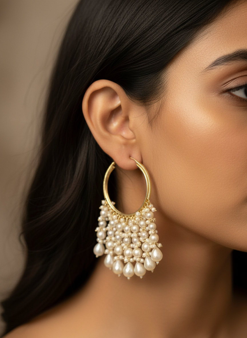 Pearls drop hoop earrings-Gold
