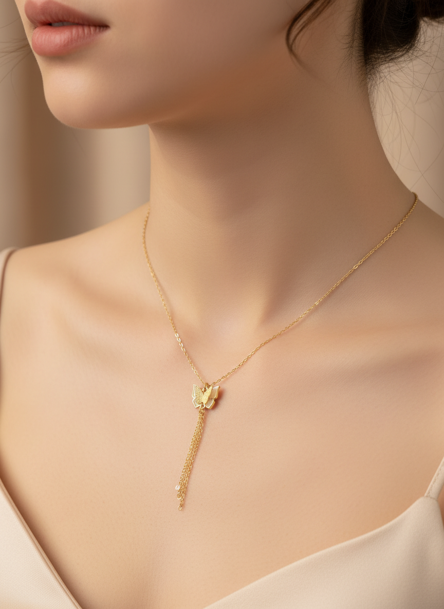 Golden butterfly tassel pendant necklace