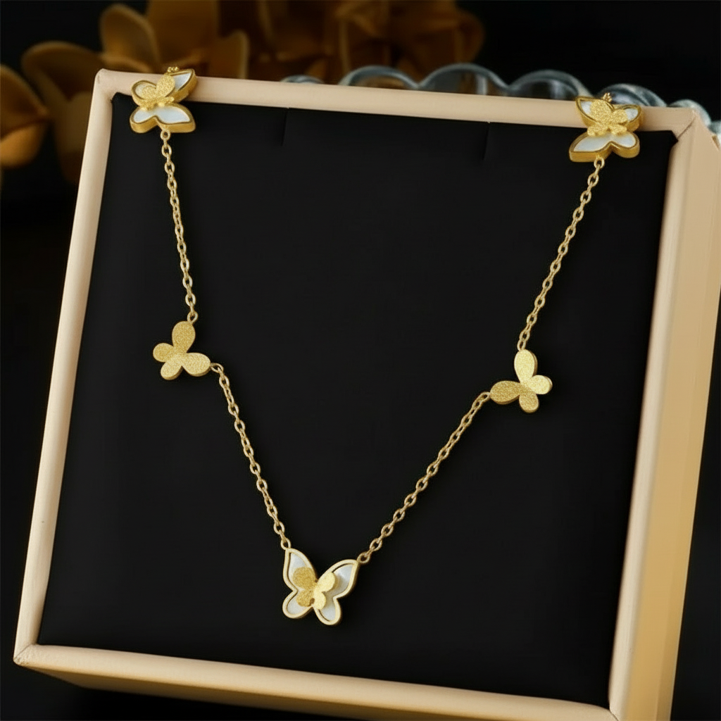 Golden butterfly charms necklace- five butterflies