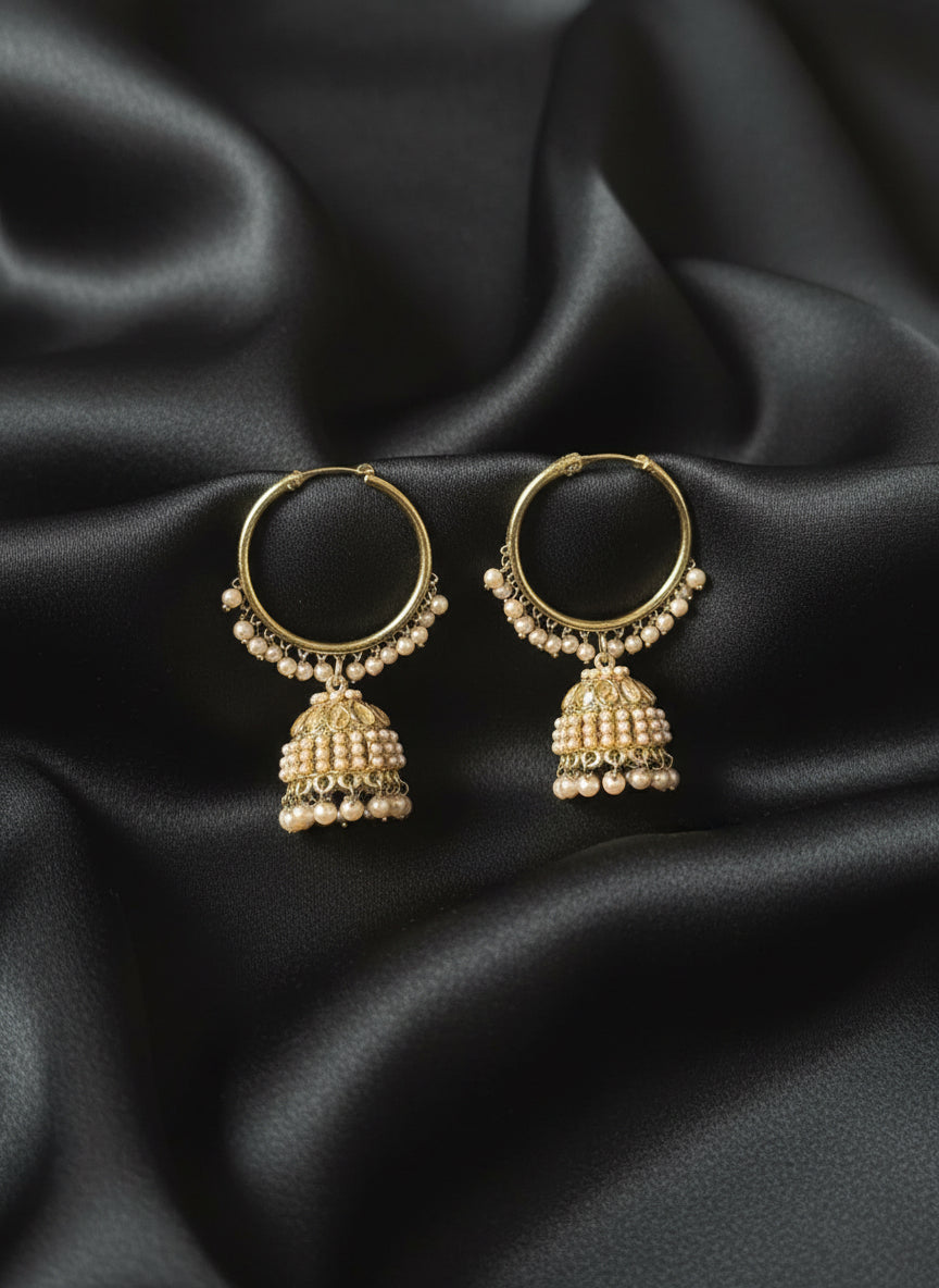 Golden pearl jhumka hoop earrings