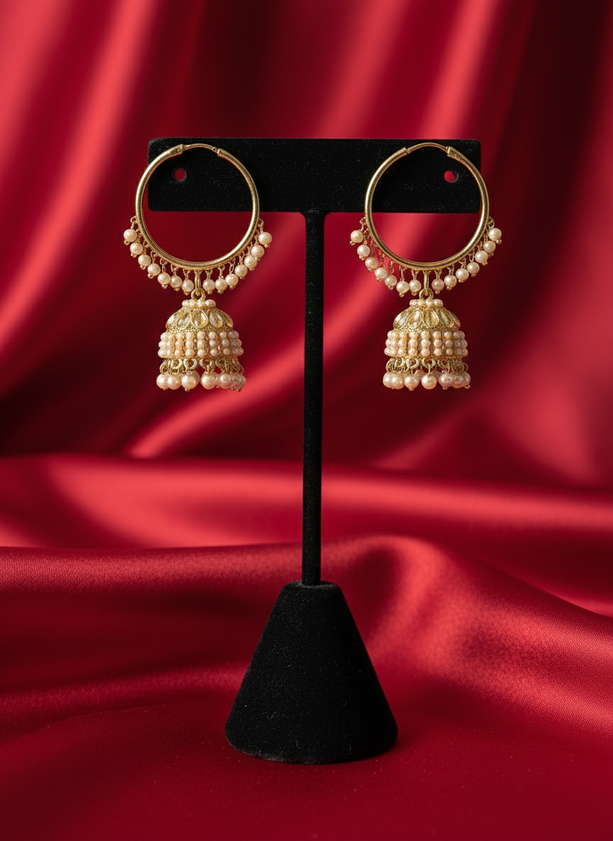 Golden pearl jhumka hoop earrings