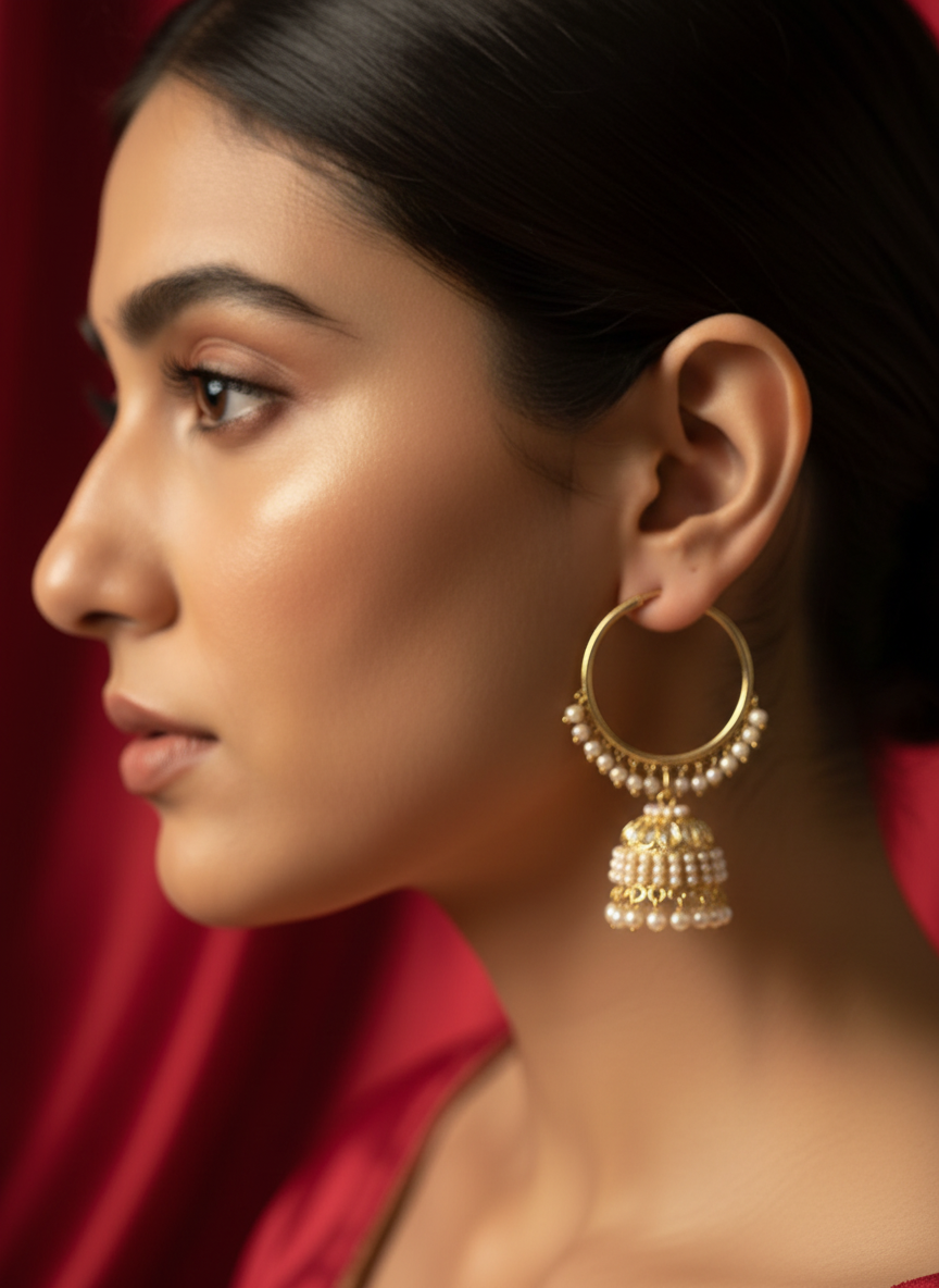Golden pearl jhumka hoop earrings