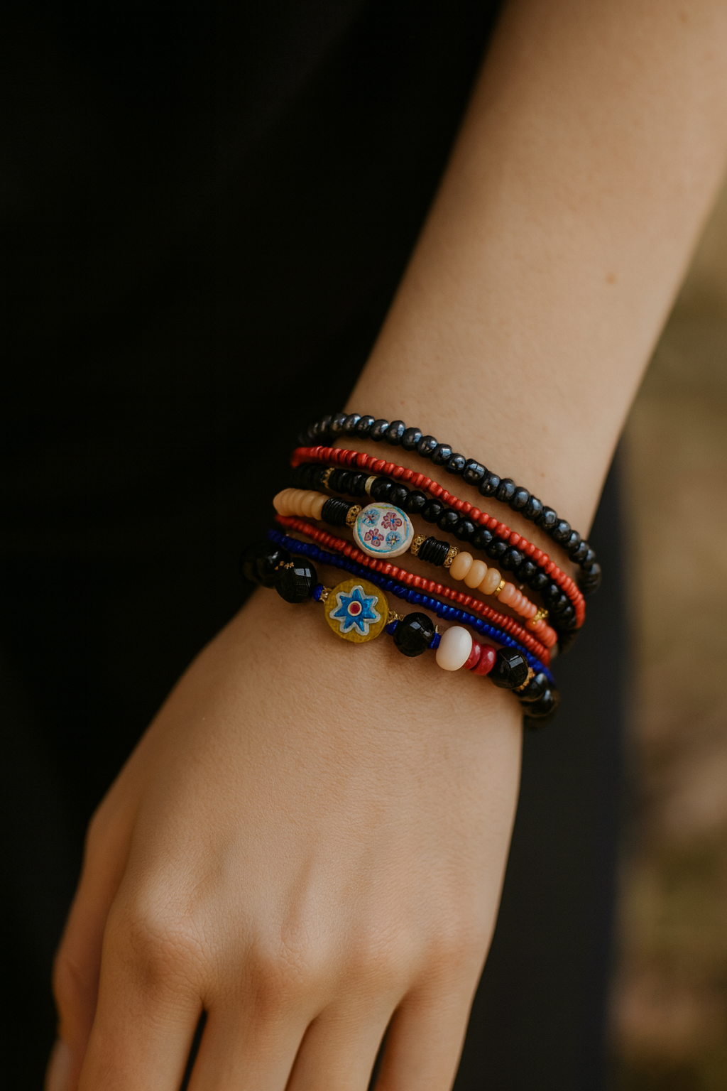 Black floral bracelet stack