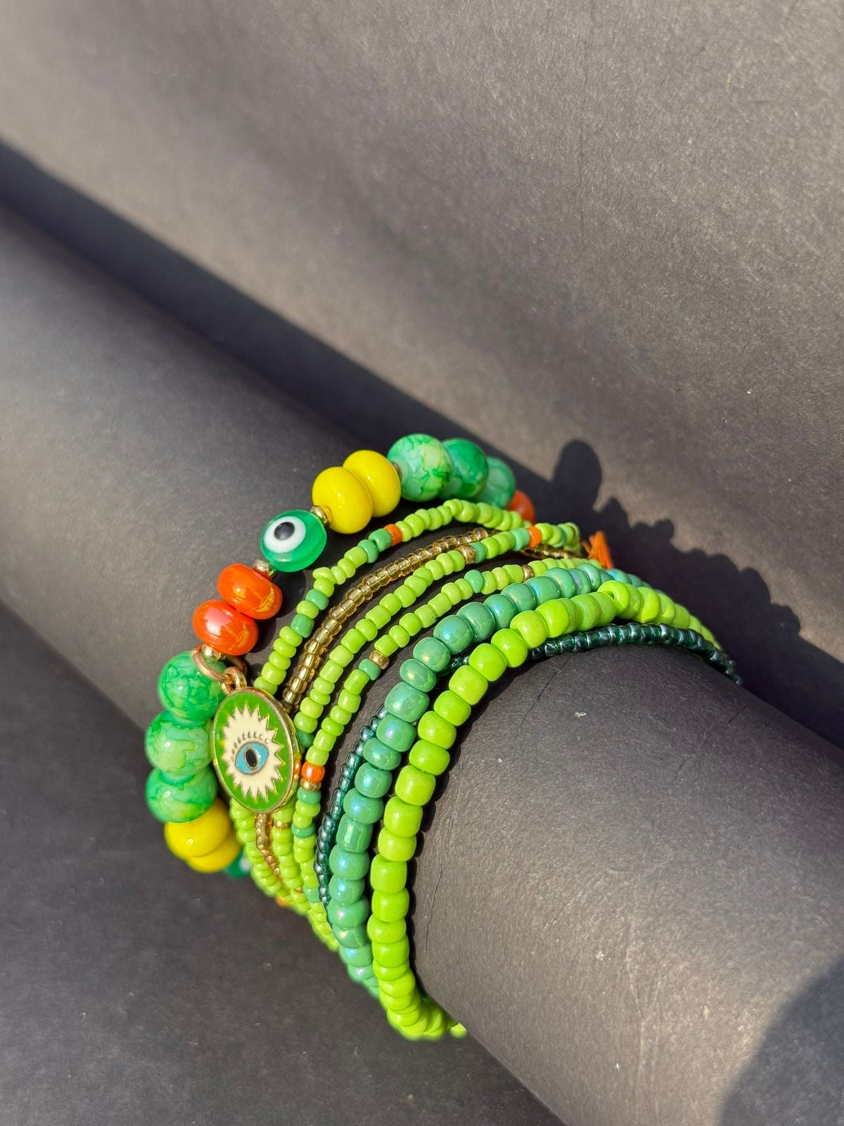 Green evil eye beaded stack