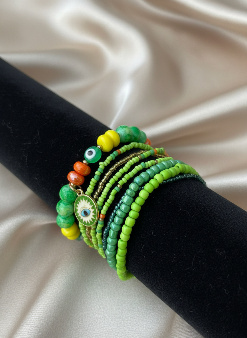 Green evil eye beaded stack