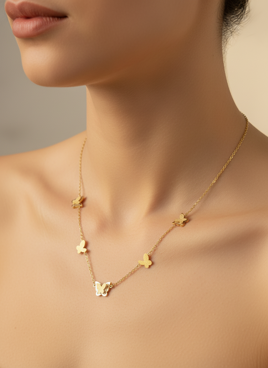 Golden butterfly charms necklace- five butterflies