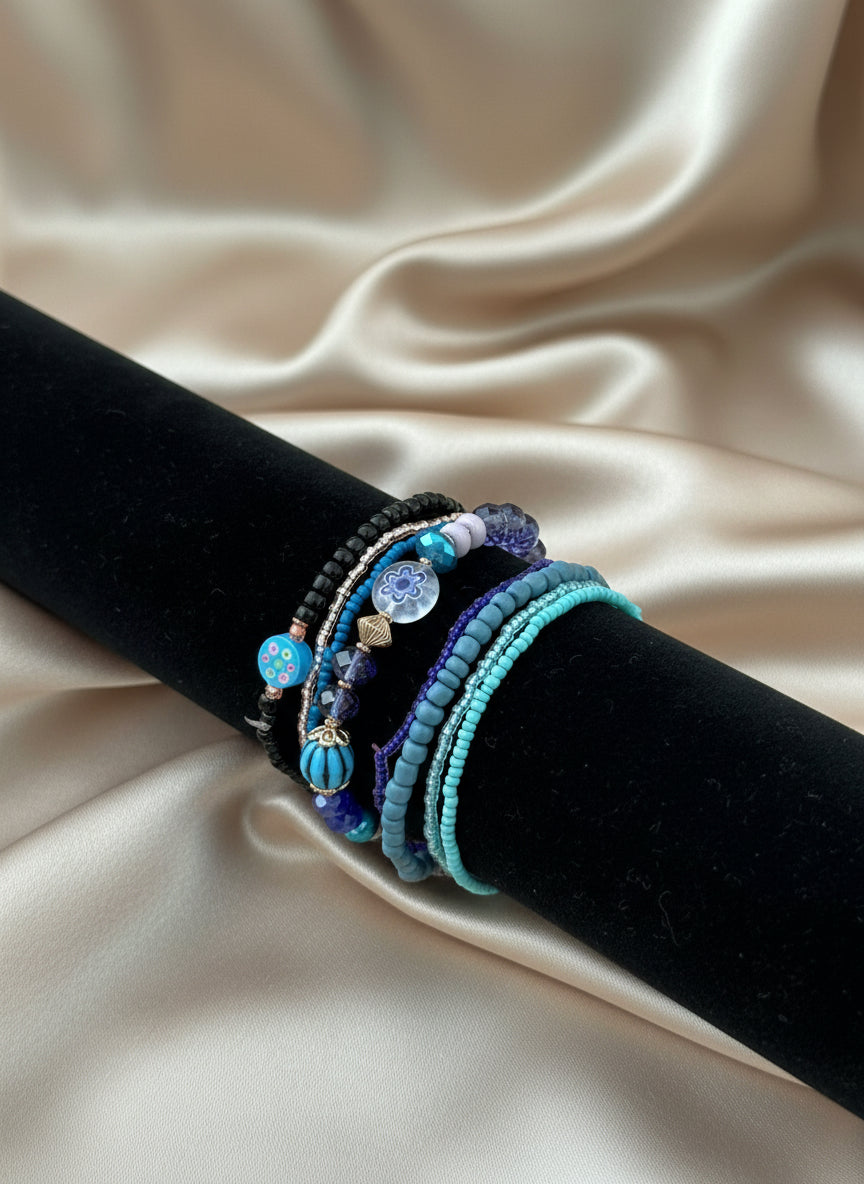 Ocean blue beaded bracelet stack