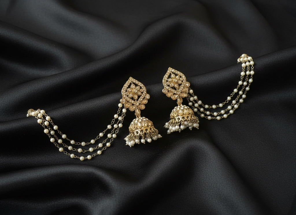 Kundan jhumkas with triple pearl Ear chains
