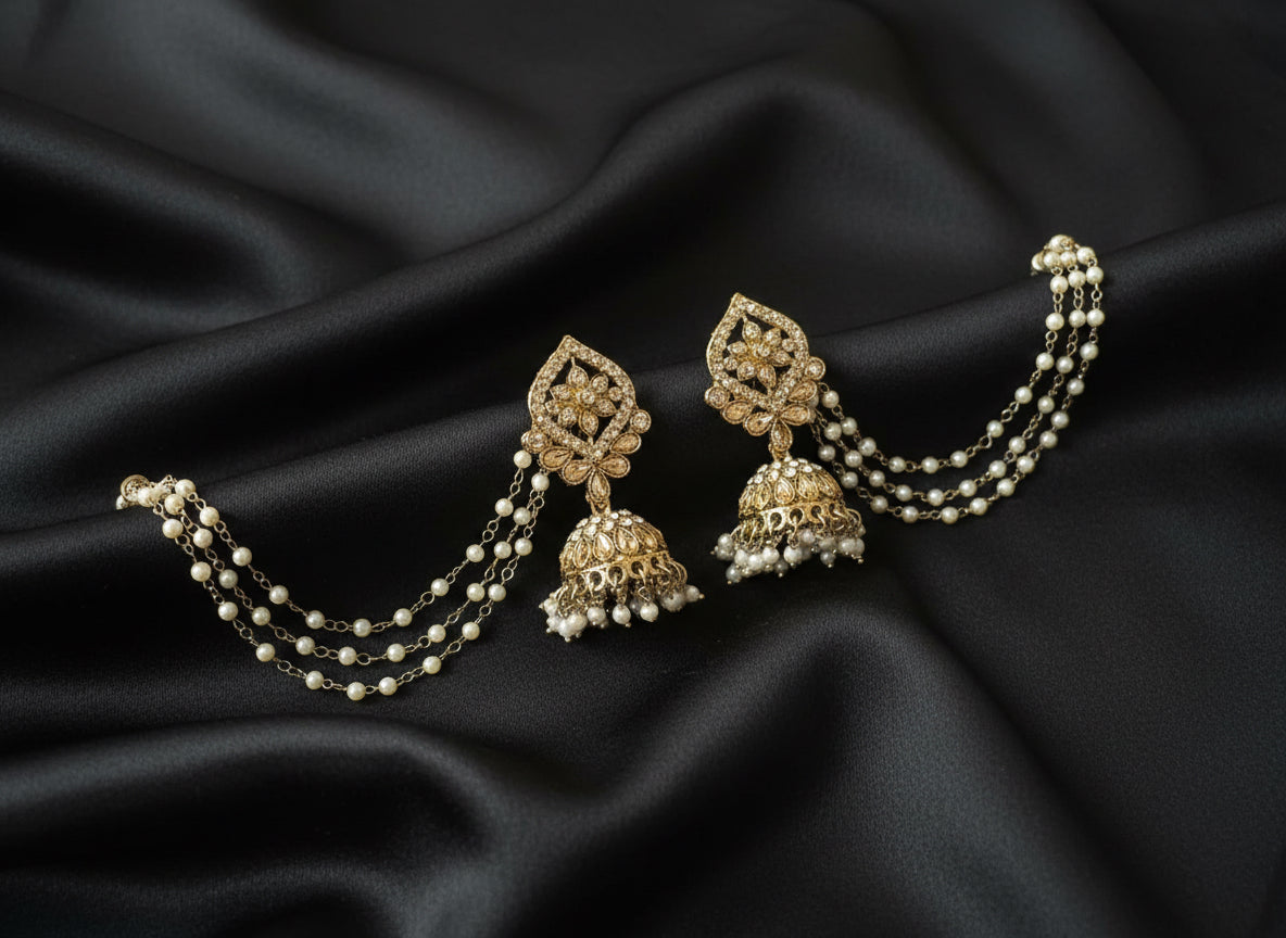 Kundan jhumkas with triple pearl Ear chains