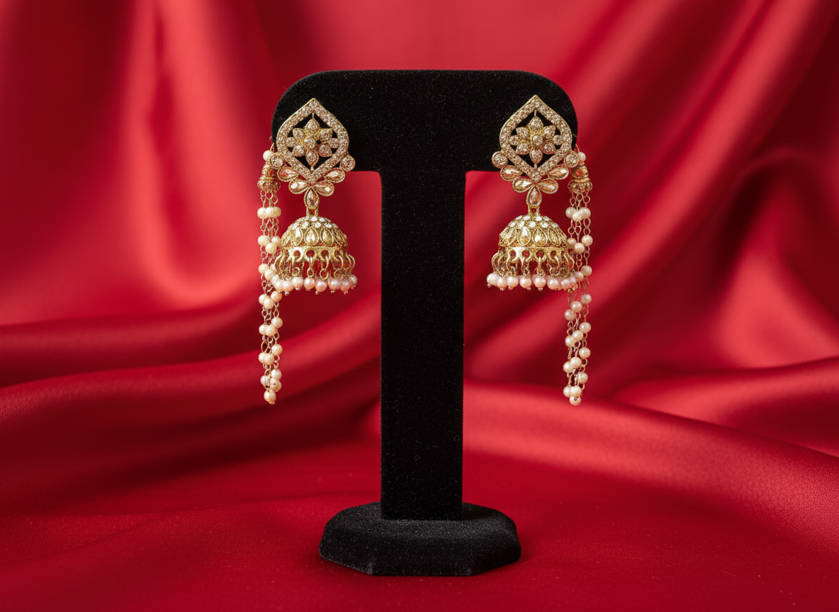 Kundan jhumkas with triple pearl Ear chains