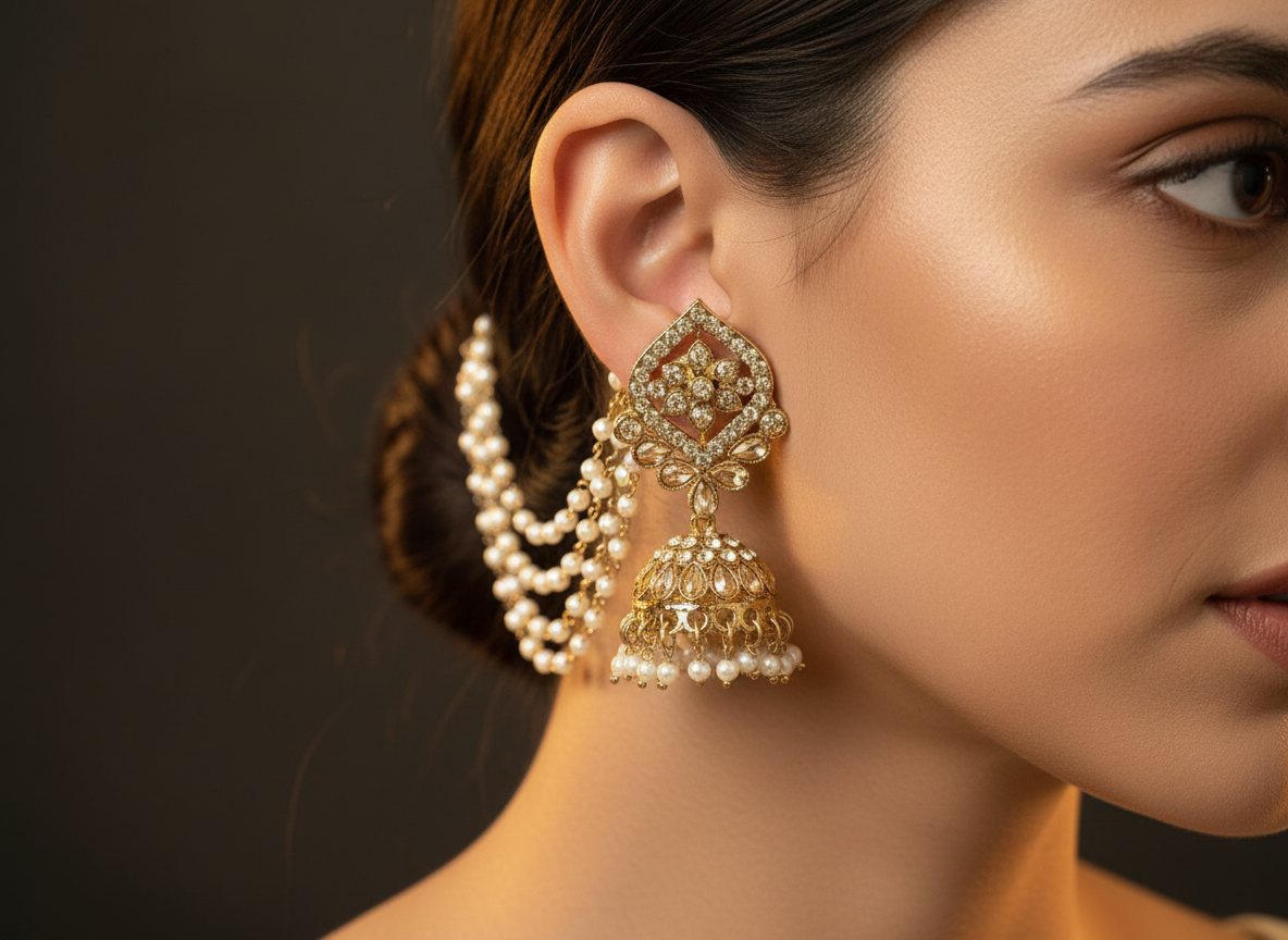 Kundan jhumkas with triple pearl Ear chains