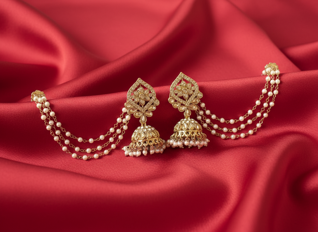 Kundan jhumkas with triple pearl Ear chains