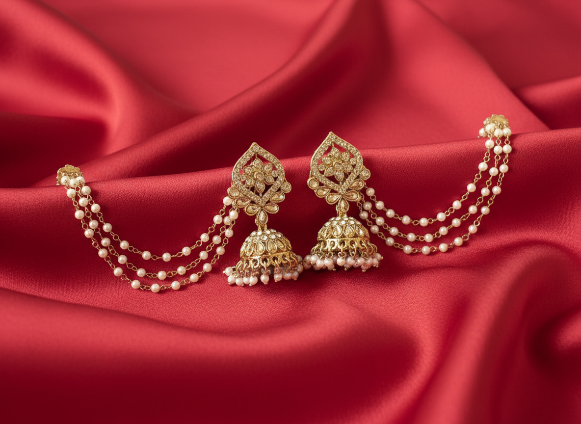 Kundan jhumkas with triple pearl Ear chains
