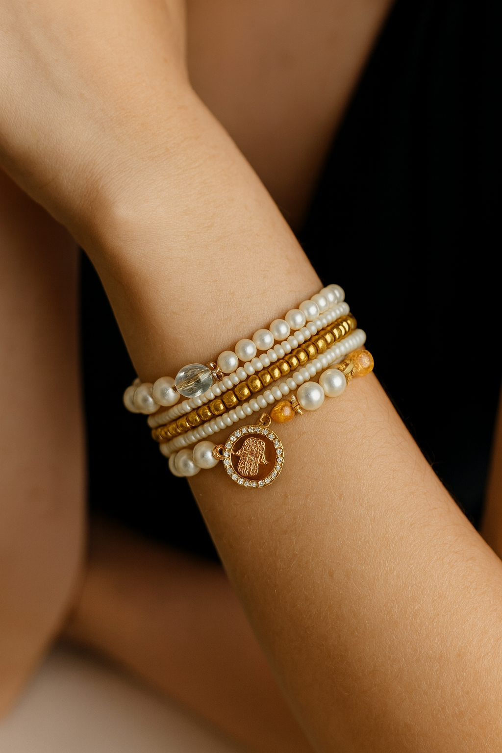 Pearl bracelet stack- White gold