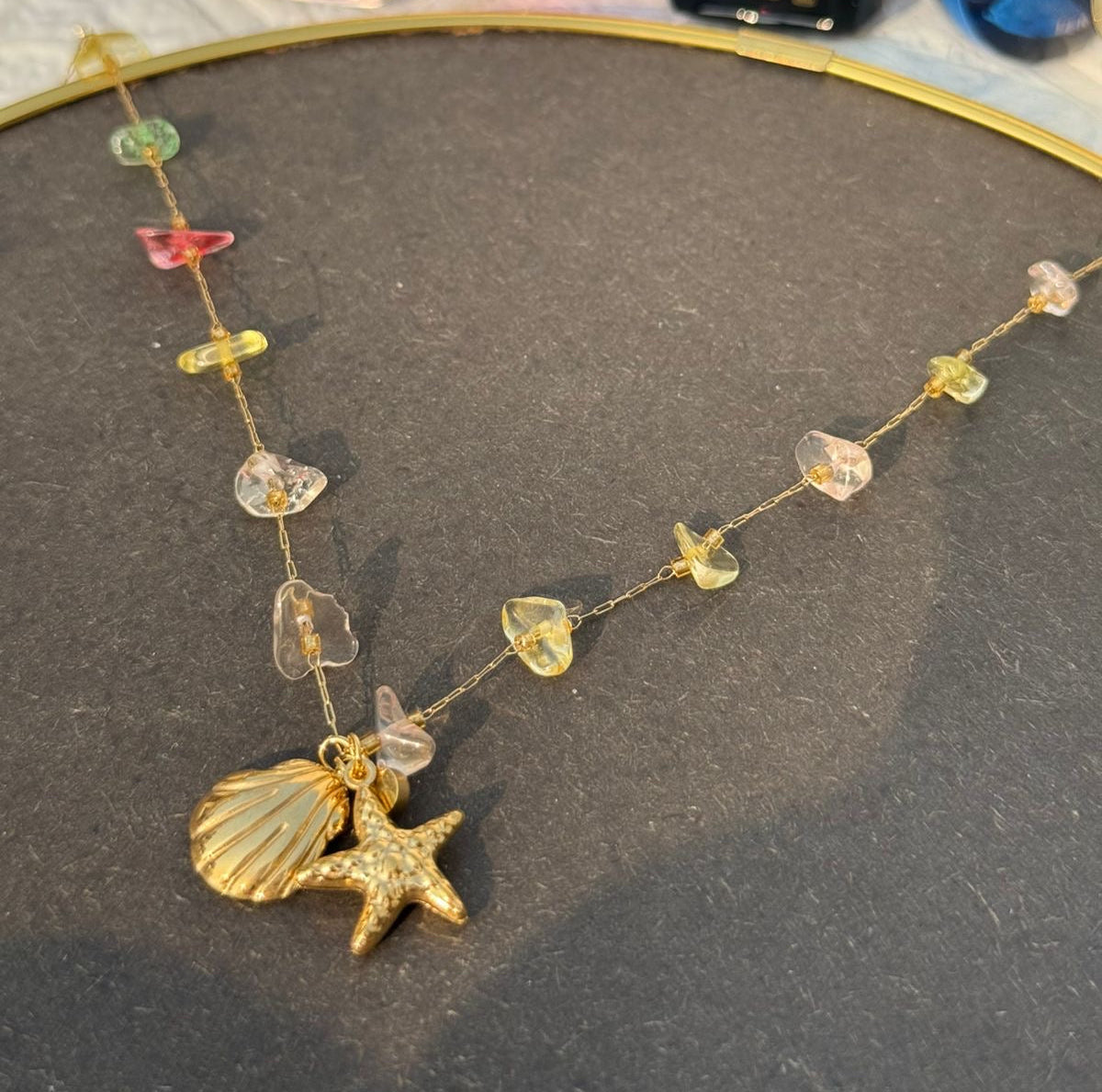 Beach charm necklace- seashell and starfish with gems