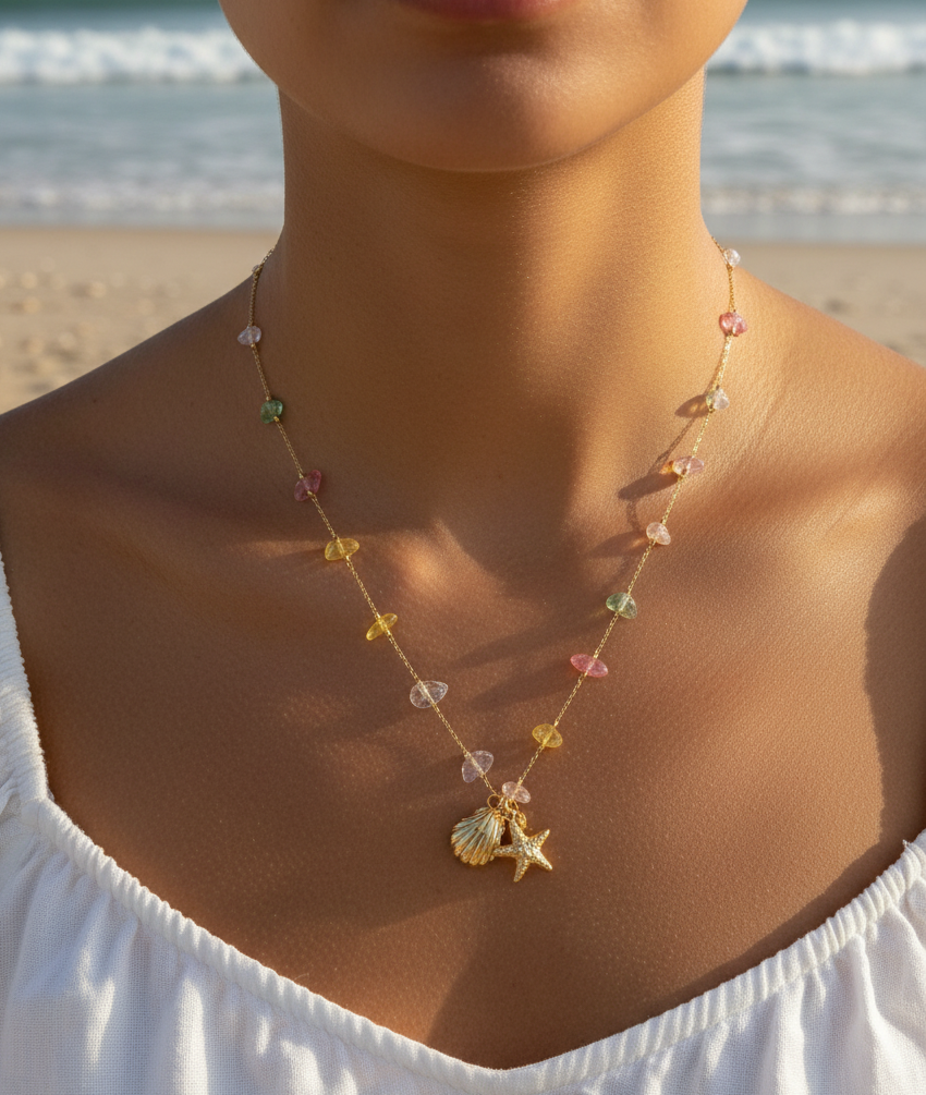 Beach charm necklace- seashell and starfish with gems