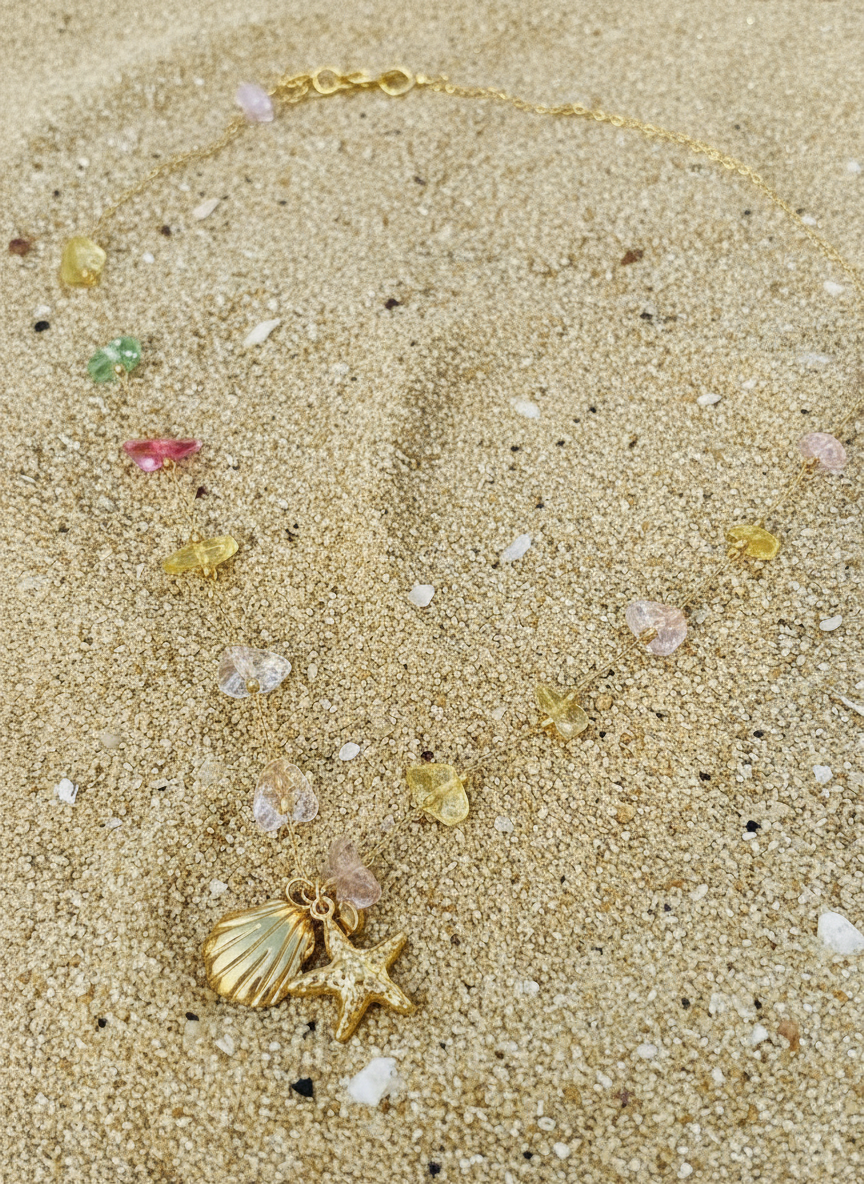 Beach charm necklace- seashell and starfish with gems