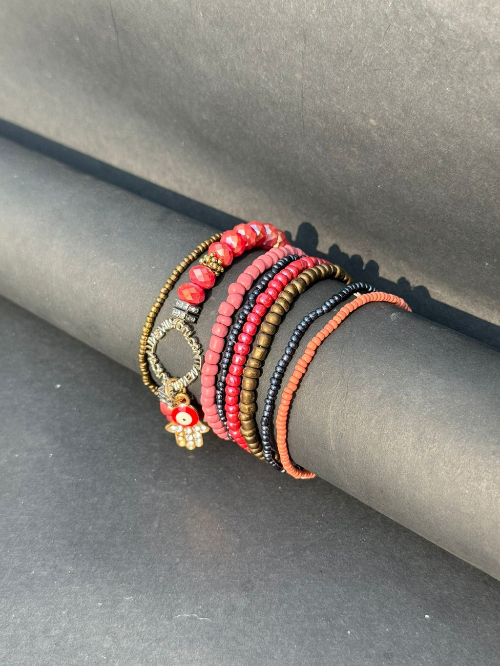 Beaded bracelet stack- Red
